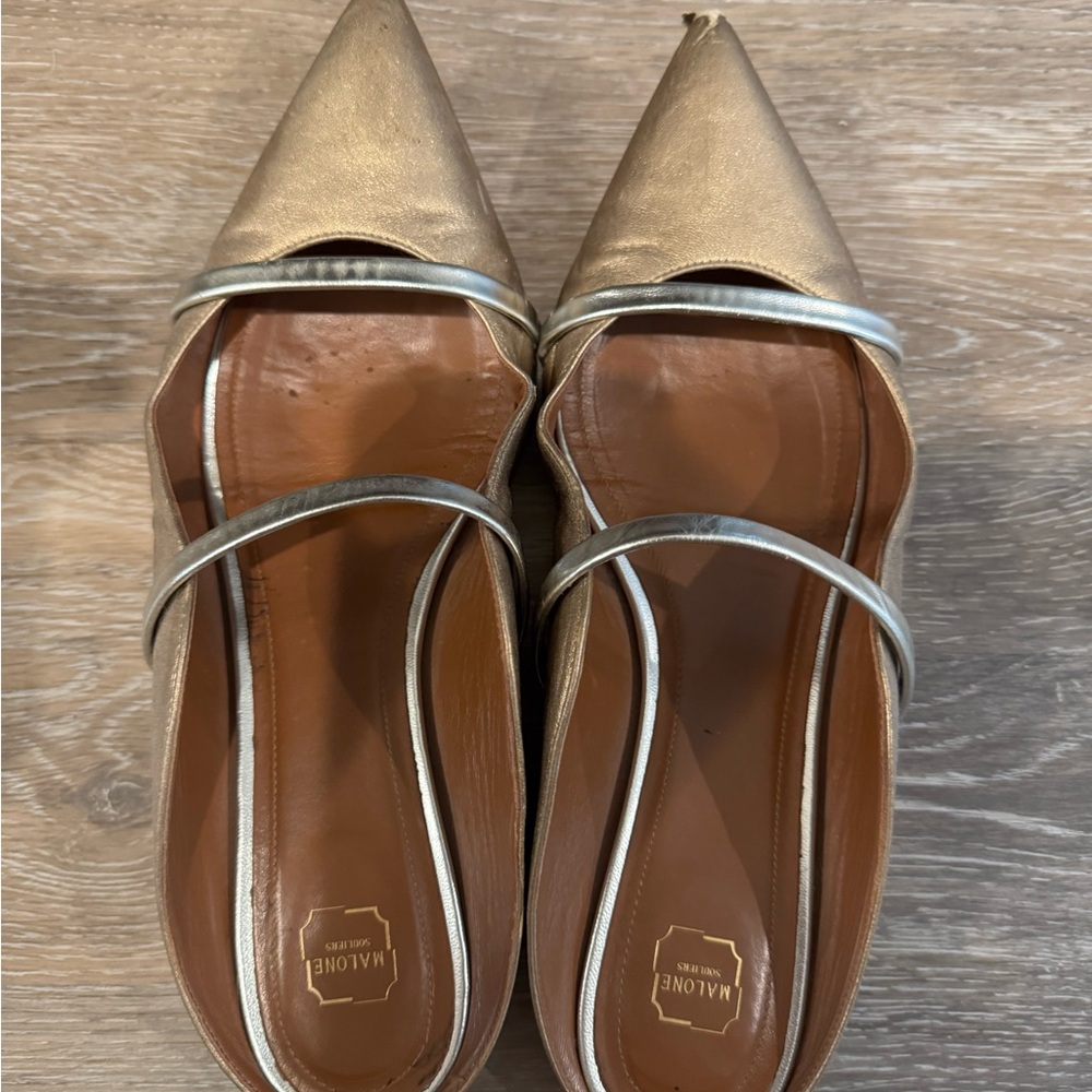 Malone Souliers Metallic Gold SlipOns with Silver Trim